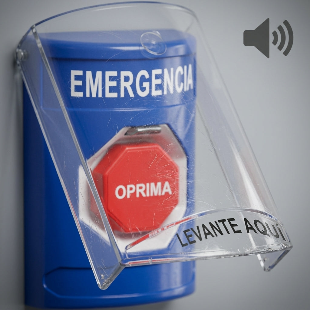 Botón Multipropósito, Color Azul, De Superficie, Con Tapa De Policarbonato, Con Bocina Pre Alarma, Solo Interior, Llave Para Restablecer, Texto De