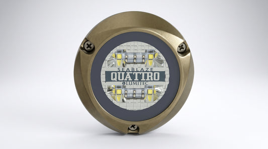 Luz led marina sumergible SeaBlaze Quattro, emite luz multicolor de 2000 lúmenes, fabricada en bronce naval con grado de protección IP68