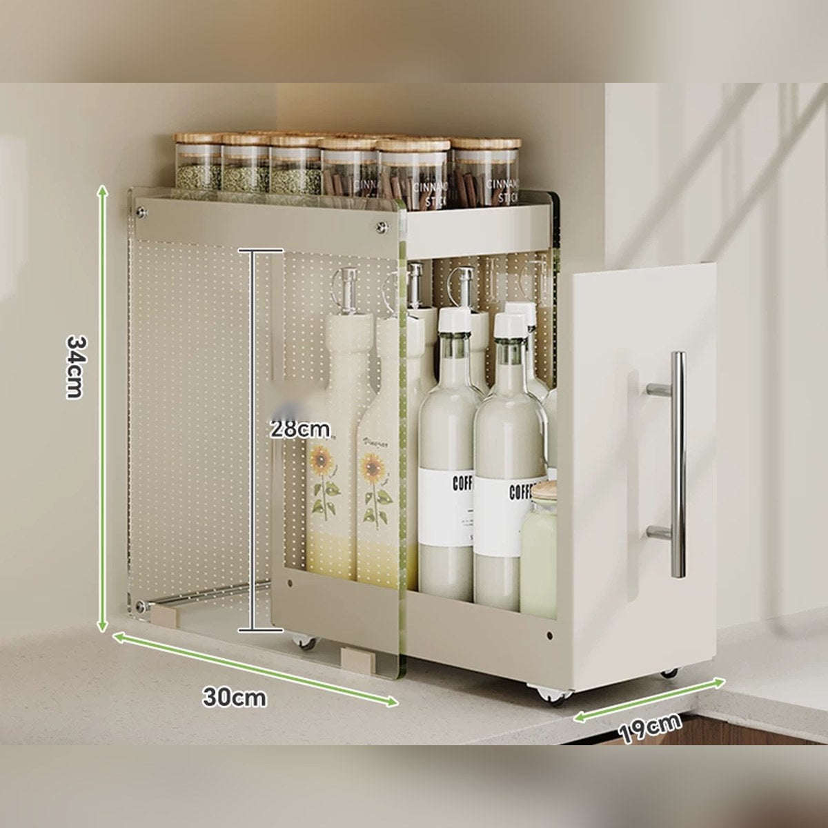 Organizador extraíble angosto para especias y botellas, de acero o con vidrio (2 o 3 niveles)