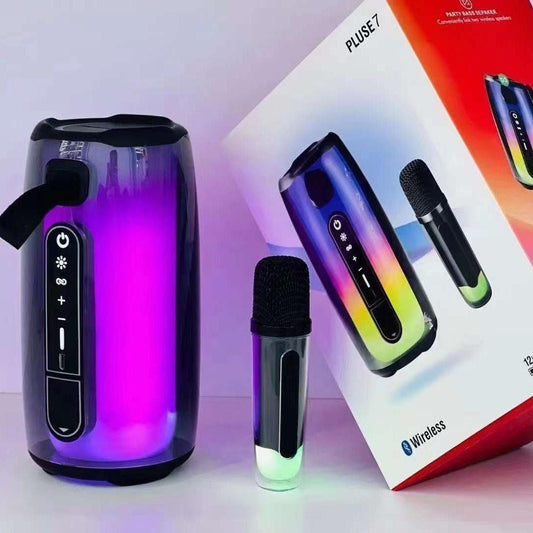 Bocina Altavoz Bluetooth Pulse7 colorido, luz ambiental de 360 grados, con opción de 1 o 2 microfonos para usar como karaoke, con batería incorporada - Ciaespinoza.com