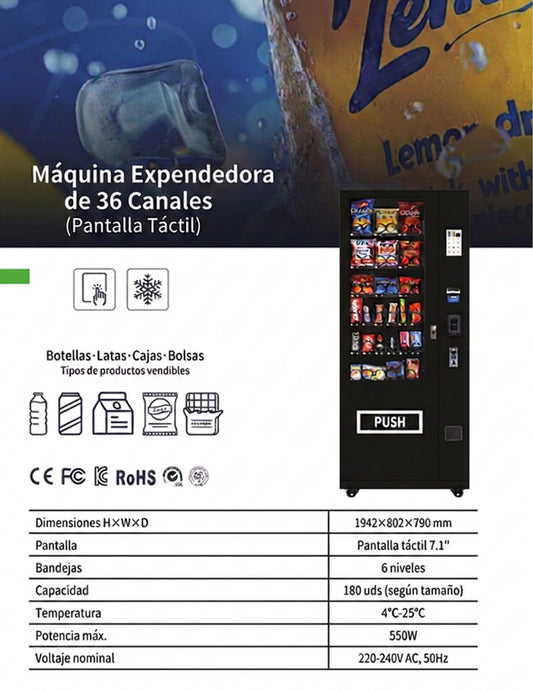 Máquina expendedora de snacks 36 canales con pantalla táctil - ficha técnica