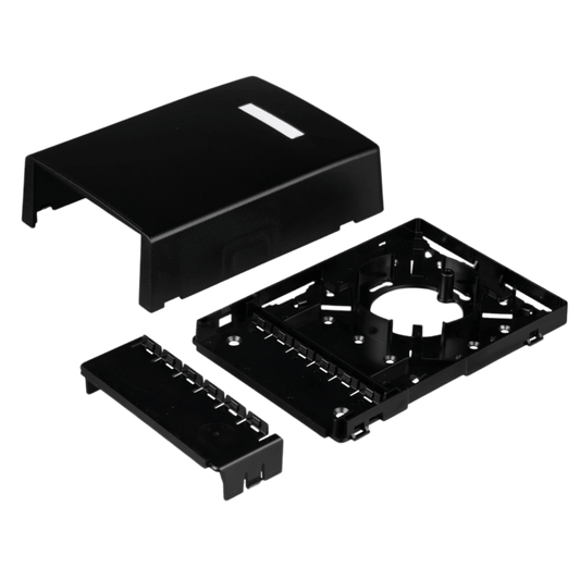 Caja de Montaje en Superficie, con Accesorio para Resguardo de Fibra Óptica, para 12 Módulos Mini-Com, Color Negro