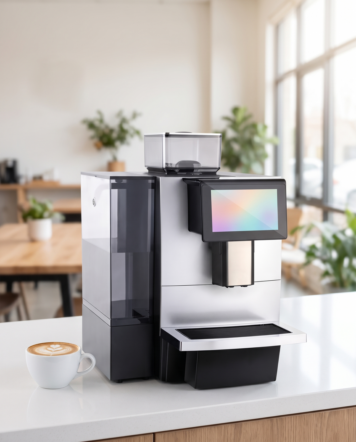 Cafetera superautomática sobre una barra blanca con un capuchino al lado