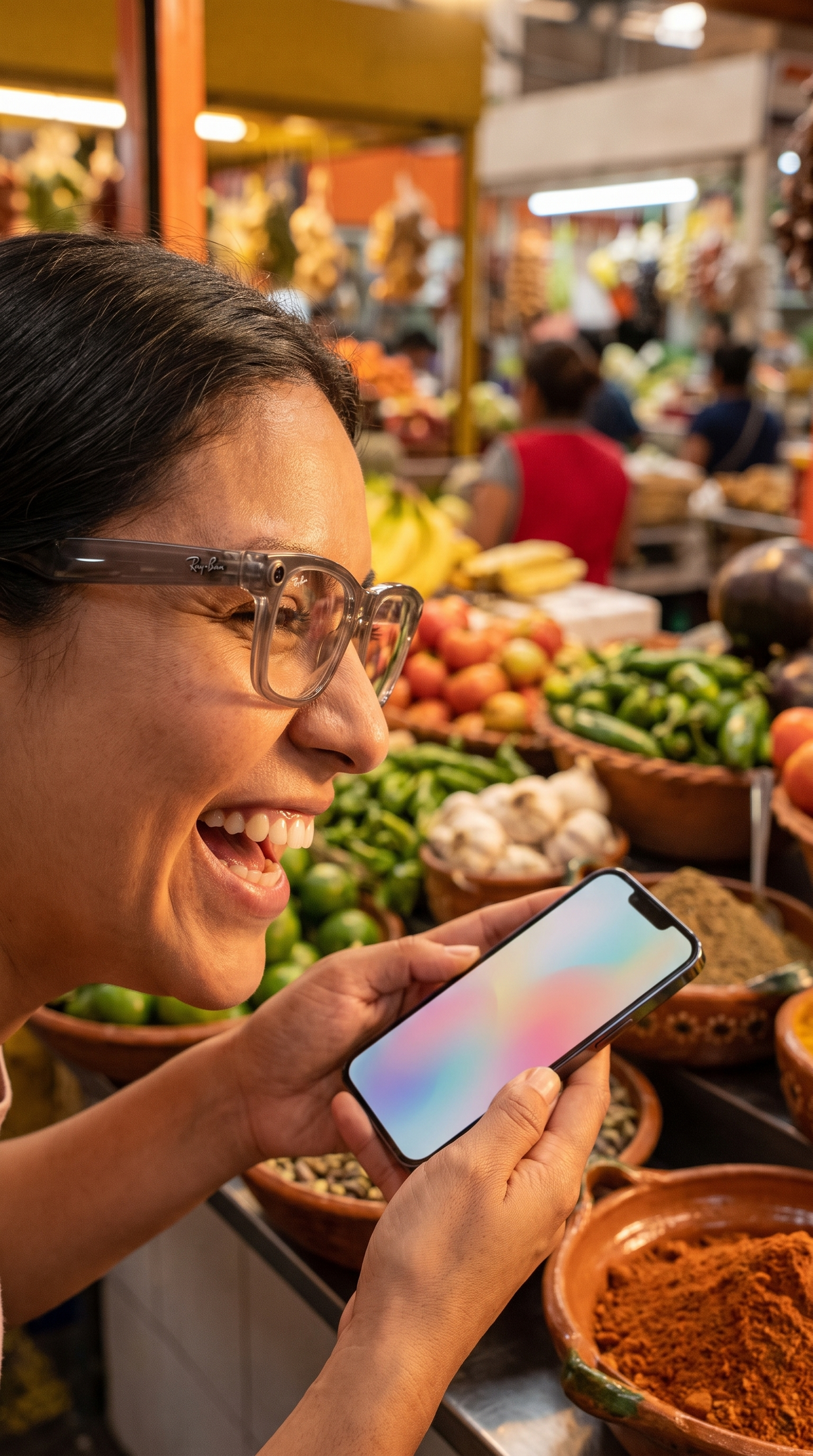 Mujer sonriente con los lentes inteligentes puestos en un mercado mexicano