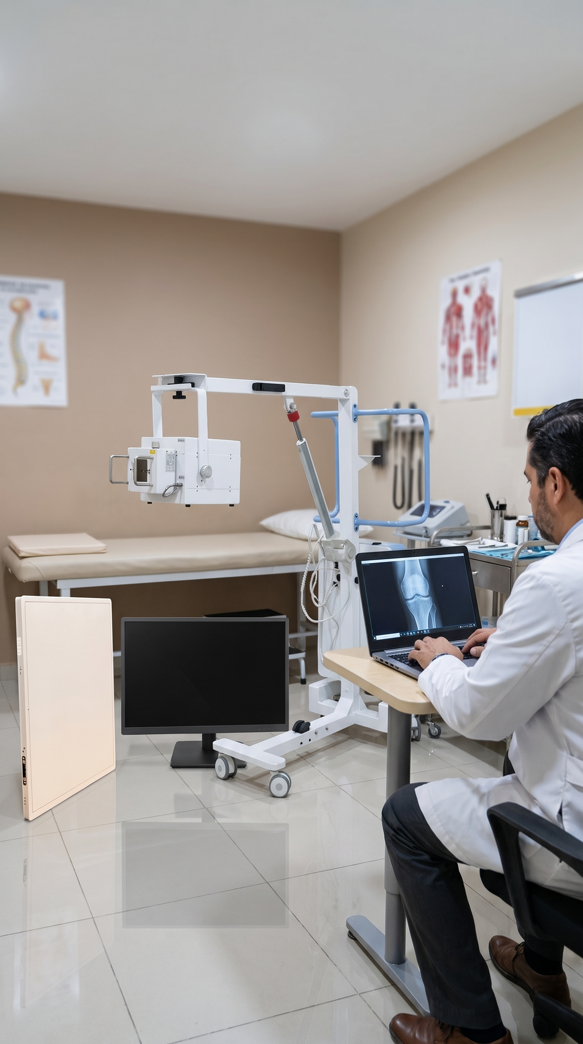 Médico revisando una radiografía en su laptop junto al equipo de rayos X portátil