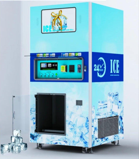 Maquina Expendedora de 180Kg/320Kg/450kg/900kg x dia de Hielo COMBO, con Filtro Osmosis Inversa, dispensador y sellado AUTOMATICO de bolsas, aceptador de monedas, billetes, tarjeta de credito, cambiador de moneda, APP Config Remota y local, pantalla 26'' - Ciaespinoza.com