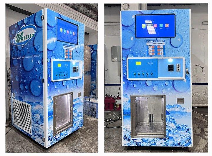 Maquina Expendedora de 180Kg/320Kg/450kg/900kg x dia de Hielo COMBO, con Filtro Osmosis Inversa, dispensador y sellado AUTOMATICO de bolsas, aceptador de monedas, billetes, tarjeta de credito, cambiador de moneda, APP Config Remota y local, pantalla 26'' - Ciaespinoza.com