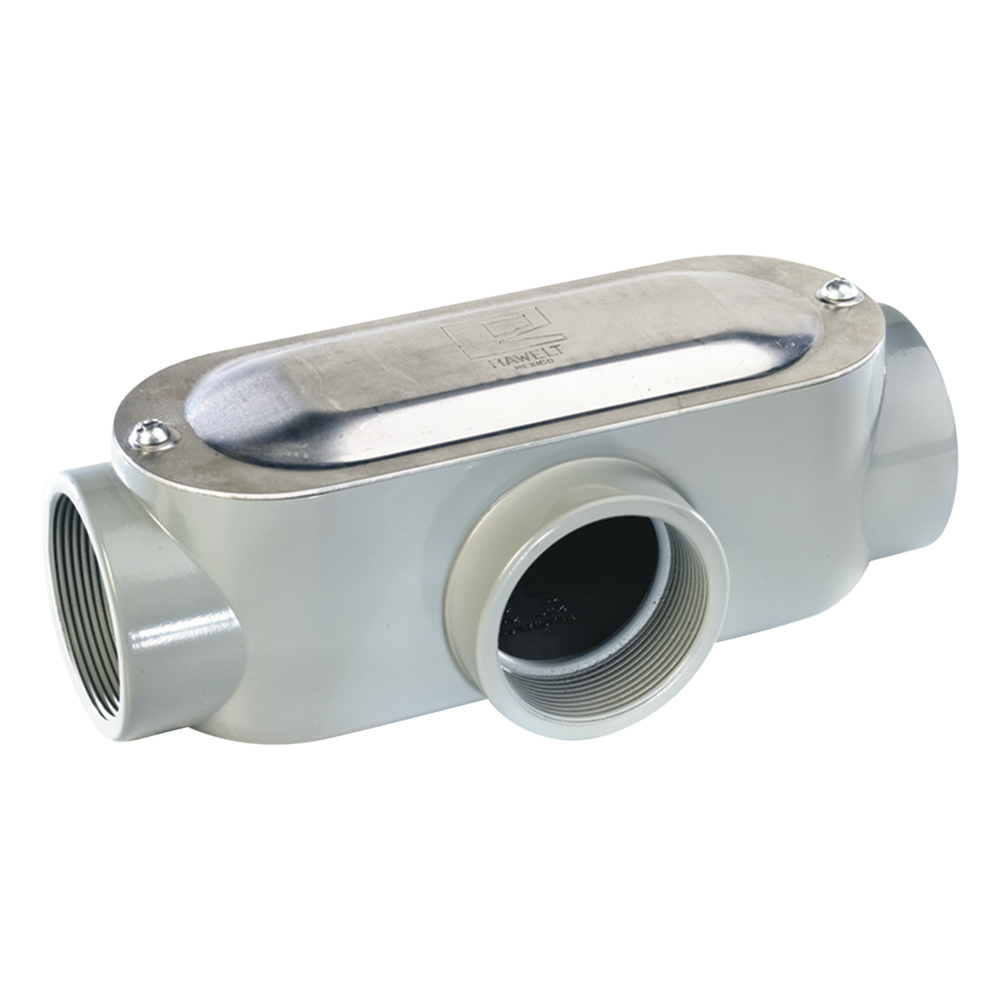 Caja oval roscada tipo T de 1 1/4" (31.8 mm) incluye tapa y tornillos.
