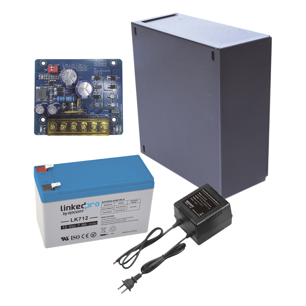 Kit con fuente PLB2 con salida de 12 Vcc a 1.5 Amper, incluye transformador y batería de 12 V a 7 Amper
