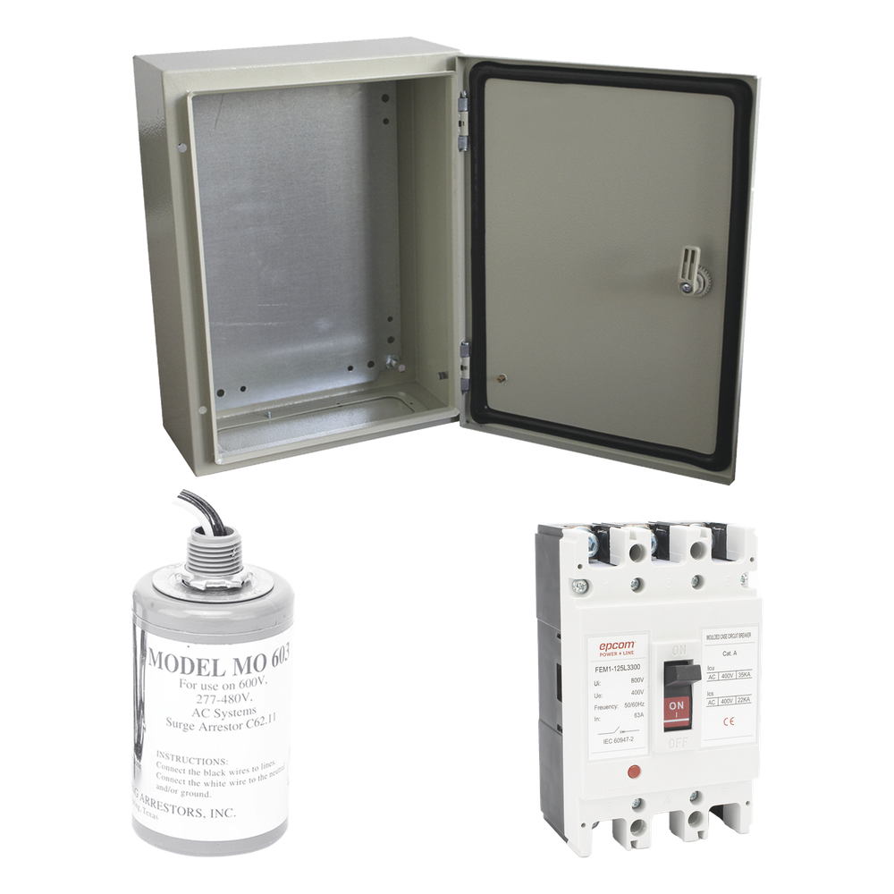 Kit de Centro de Carga Trifasico Para Corriente Alterna, Breaker de hasta 690 Vc de 63 A con Supresor de Descargas Atmosféricas.