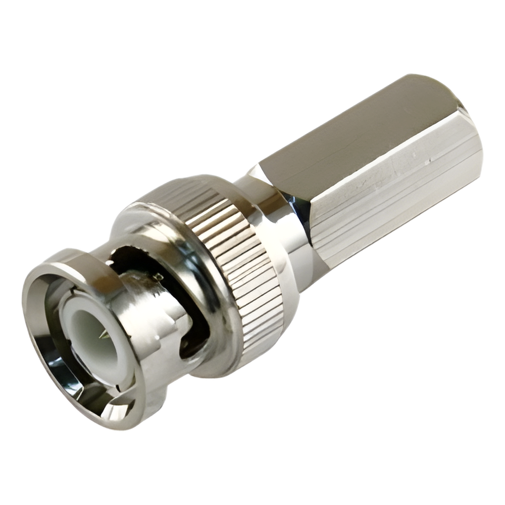 Conector BNC Macho de Ensamble Roscable (Hex.) en Sentido de las Manecillas de Reloj para Cable Coaxial RG-59/U, Níquel/ Oro/ Delrin