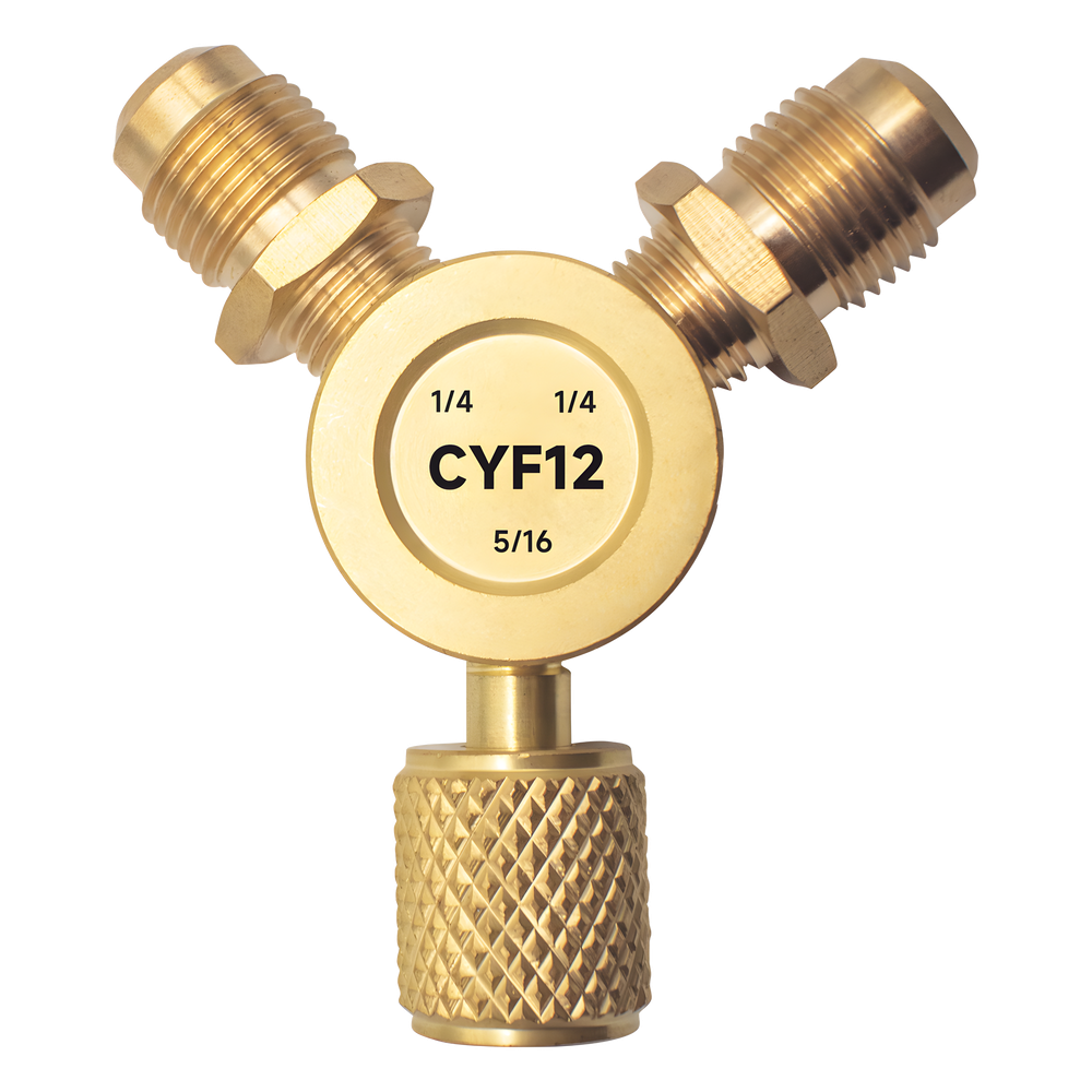 Conector Y CYF12 para Sistemas de Refrigeración / 2 Entradas 1/4" Macho Flare / 1 Salida 5/16" Hembra Flare / Recuperación Rápida y Evacuación