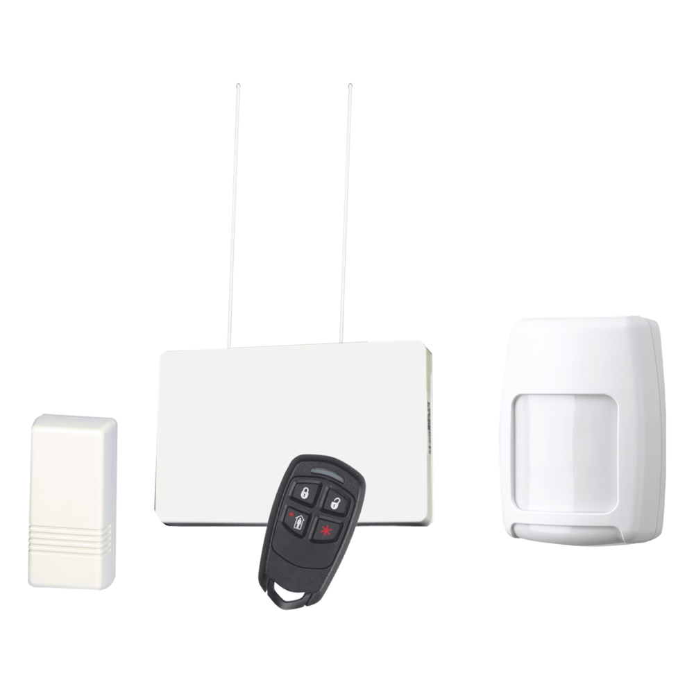 Kit inalámbrico con receptor, contactos magnéticos, detector de movimiento PIR y control remoto de 4 botones para panel de alarma Honeywell serie