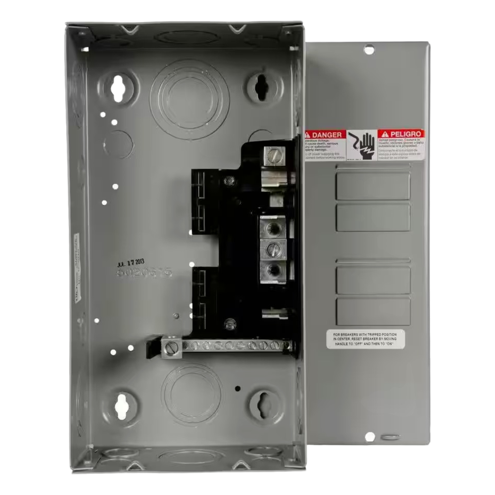 Centro de carga monofásico para sobreponer. 1 Fase, 3 Hilos para interruptores QT, de 4 polos - 8 Circuitos, 120/240vca, Barras de aluminio 125 Amp