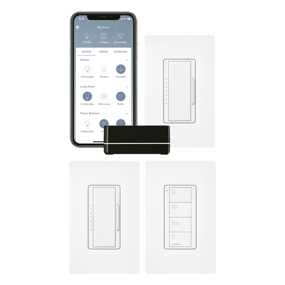 Kit de inicio RA2 Select con repetidor principal, 2 atenuadores de pared, control Pico con adaptador de pared y 3 placas de pared, para control