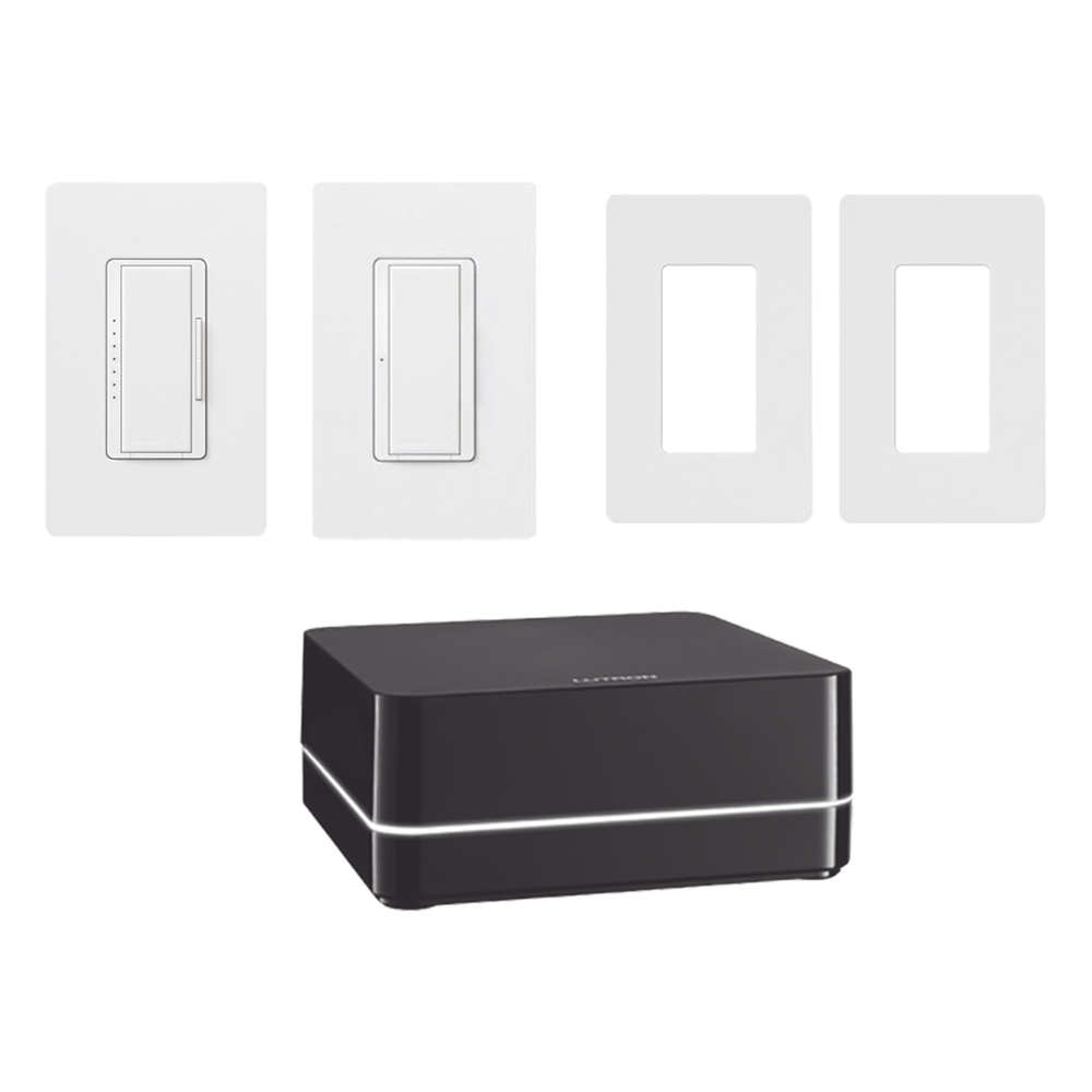 Kit de control de iluminación RA2 Select con repetidor principal, atenuador de 600 W, interruptor de 8 A y dos placas Claro, control desde la app