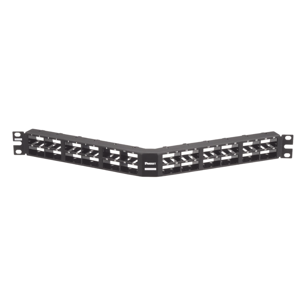 Panel de Parcheo Modular Mini-Com (Sin Conectores), Angulado, Sin Blindaje, Alta Densidad, de 48 Puertos, 1UR