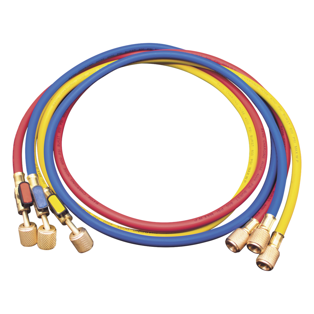 Juego de Mangueras de Refrigerante MM360 / 3 Mangueras 150 cm con Válvulas de Cierre / Presión Trabajo 55 bar (800 psi) / Presión Ruptura 276 bar