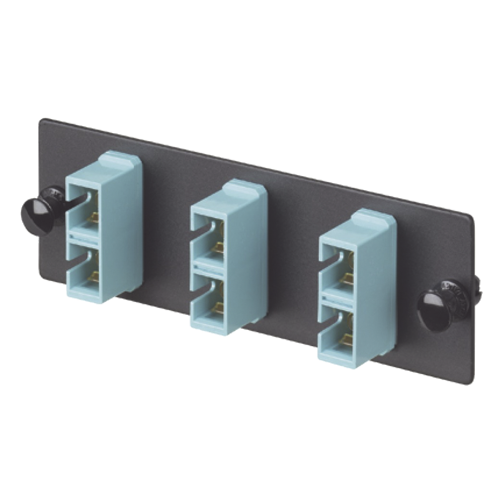Placa Acopladora de Fibra Optica FAP, Con 3 Conectores SC Duplex (6 Fibras), Para Fibra Multimodo OM3/OM4, Color Aqua