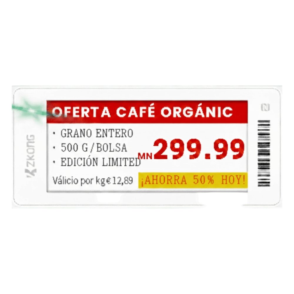 Etiqueta Electrónica de Estantería ZKE29B / Pantalla EPD Gráfica 2.9 Pulgadas / Resolución 296x128 Píxeles / 4 Colores (Negro Blanco Rojo Amarillo)