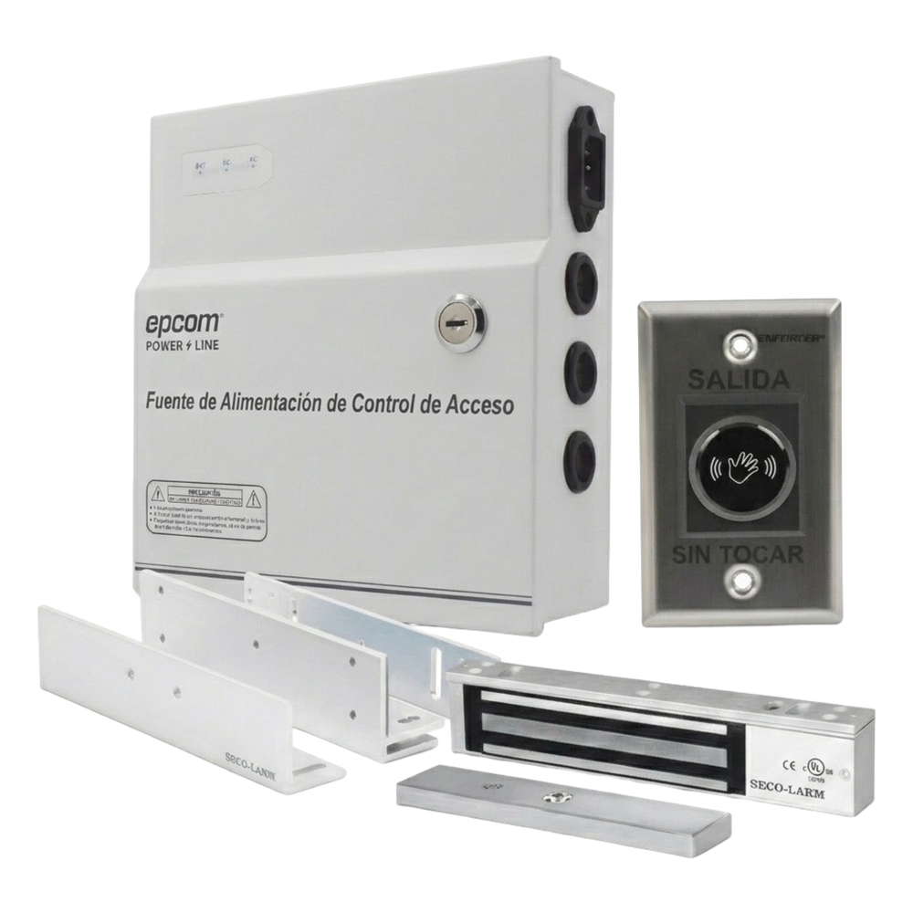 Kit para Control de Acceso Incluye Fuente de 12VCD / Soporta Batería de Respaldo/ Chapa Magnética de 600Lbs / Montajes L y Z / Botón de salida