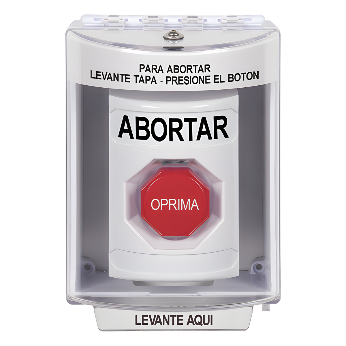 Botón de Abortar, Bocina de Advertencia Integrada, Texto en Español, Tapa Protectora de Policarbonato Súper Resistente con Espaciador