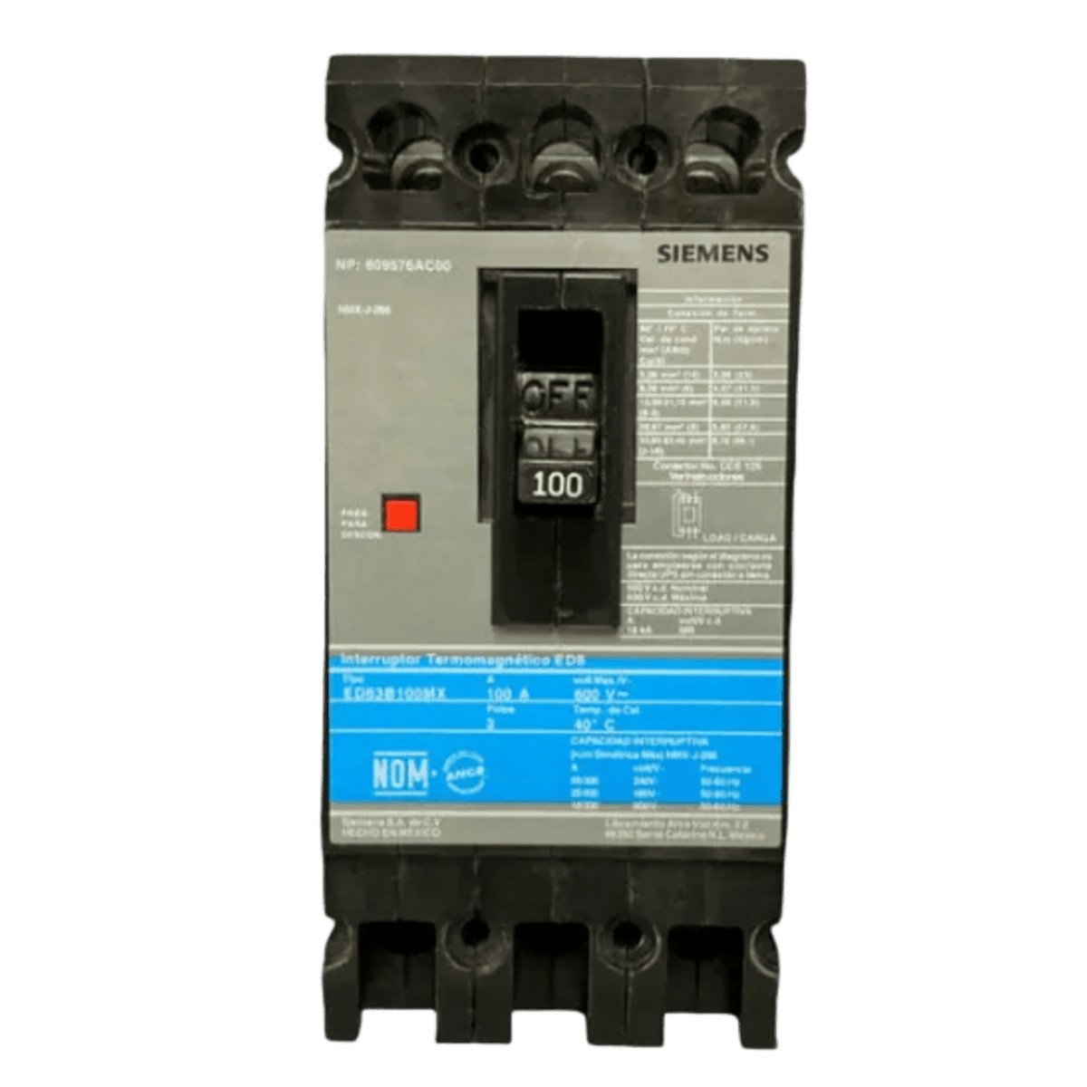 Interruptor Termomagnético ED6 600V 3X100A, Con zapatas principales.