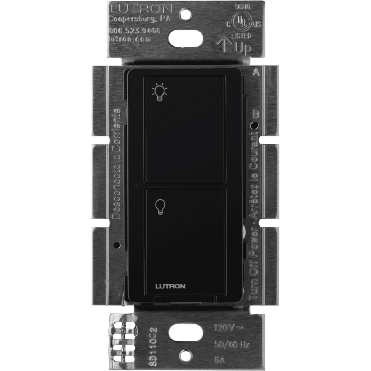 Interruptor de pared inalámbrico on/off de 2 botones, 5 A para LED/CFL, voltaje dual 120/277 V sin cable neutro, compatible con control Pico y