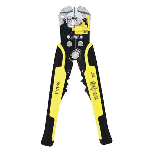 Pinza multifuncional Pelacables, con terminal de pestaña, prensado automático de color amarillo.