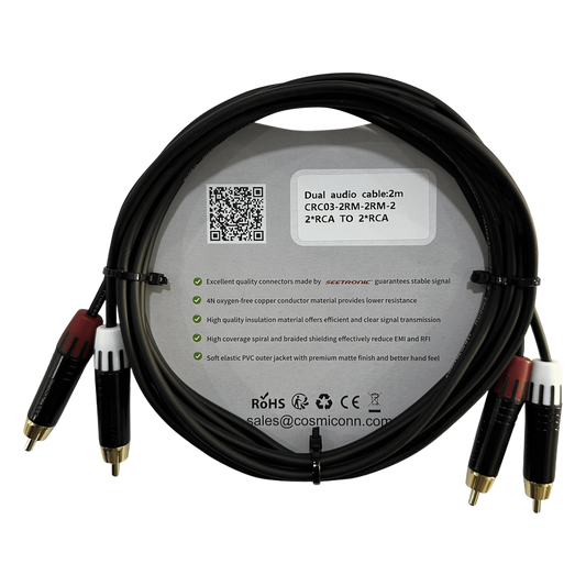 Cable 2 RCA x 2 RCA, conectores negros, con diferenciador de blanco y rojo (2x MT380-RD - 2x MT380-WH), length 2m