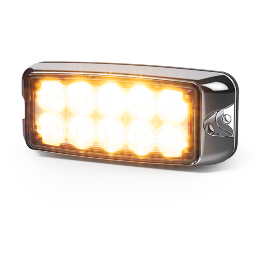 Luz de Advertencia de 10 LED, Ambar/Blanco, 5x2 Pulgadas, Lente Transparente, Bisel Cromado