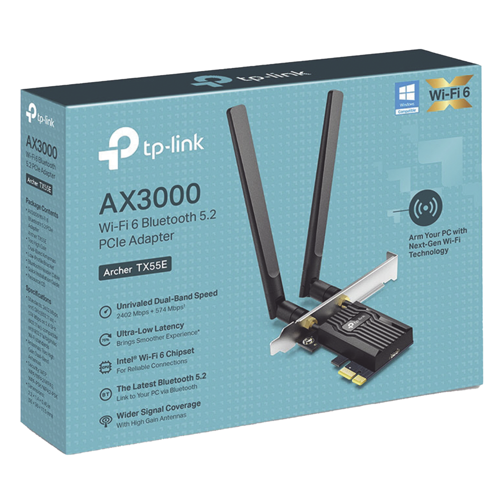 Adaptador PCIe inalámbrico doble banda AX3000 Mbps / Seguridad Inalámbrica WPA3 /Antena de alta ganancia / Tecnología MU-MUMO 2X2 / Soporte de perfil