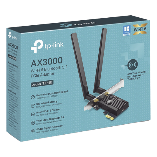 Adaptador PCIe inalámbrico doble banda AX3000 Mbps / Seguridad Inalámbrica WPA3 /Antena de alta ganancia / Tecnología MU-MUMO 2X2 / Soporte de perfil