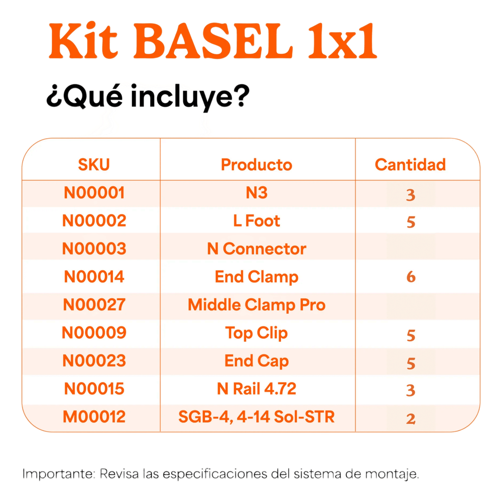 Kit Basel Sistema de Montaje Solar para 1 Módulo / Inclinación 10° / Para Módulo 645 W / Dimensiones del Módulo 2.382 m (7.8 ft) x 1.134 m (3.7 ft)