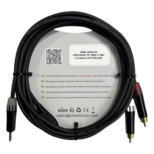 Cable 3.5mm a 2 RCA, conectores negros, con diferenciador de blanco y rojo en RCA MT380-RD - MT380-WH - MTP3C-BG, length 10m