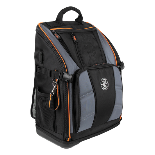 Mochila Profesional para Herramientas / 27 Bolsillos / Acceso Rápido y Estación de Trabajo / Base Moldeada Ancha / Interior Naranja / USB-C / Soporte