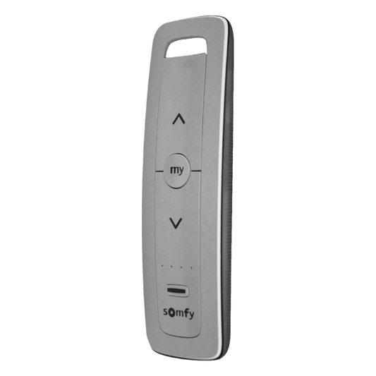 Control remoto 5 canales para motores de persiana Somfy con señal inalámbrica, instrucciones: sube, baja y detener, con posición favorita programada.