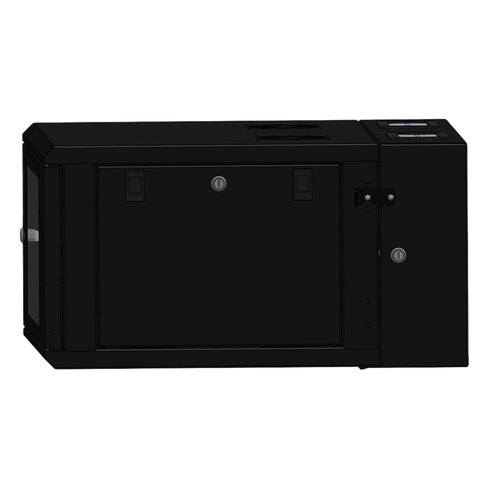Gabinete Rackeable / 06 Unidades / Pared 19 Pulgadas / Puerta de Cristal / Pintura Electroestática Negro / Abatible 120° / Ventilación 120 mm