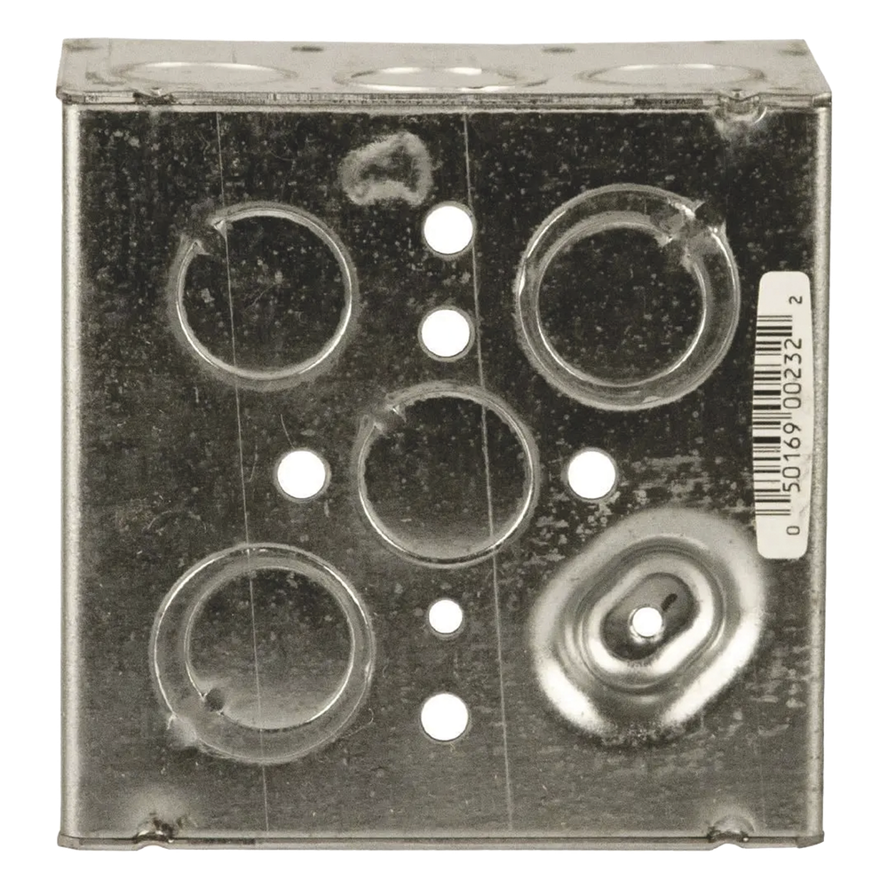 Caja Cuadrada Galvanizada de 4" x 4", profundidad de 2 1/8". Cuenta con 10 KO de 1/2" y 6 TKO (1/2" - 3/4"))