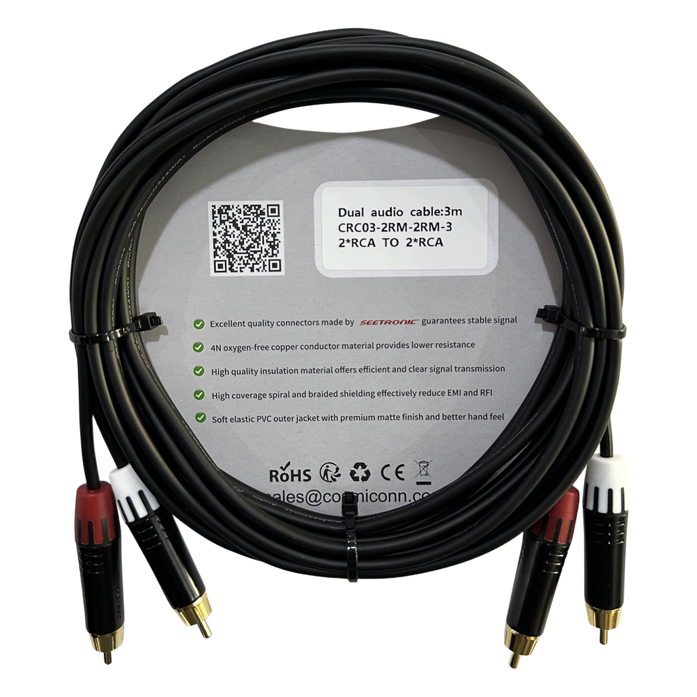 Cable 2 RCA x 2 RCA, conectores negros, con diferenciador de blanco y rojo (2x MT380-RD - 2x MT380-WH), length 3m