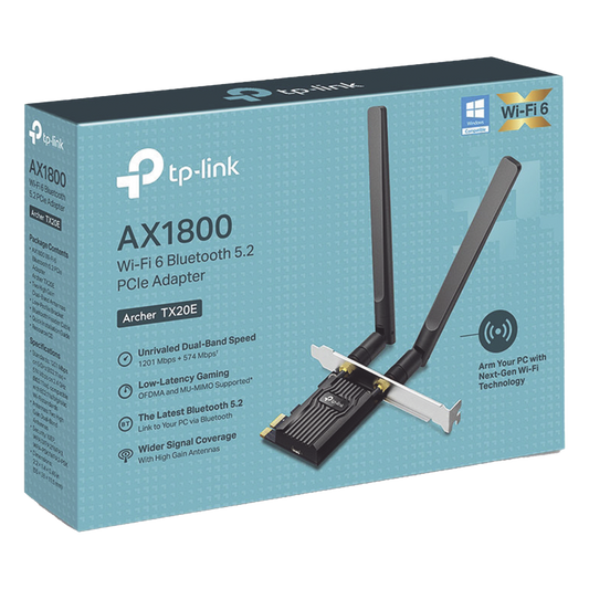 Adaptador PCIe inalámbrico doble banda AX1800 Mbps / Seguridad Inalámbrica WPA3 /Antena de alta ganancia / Tecnología MU-MUMO 2X2 / Soporte de perfil