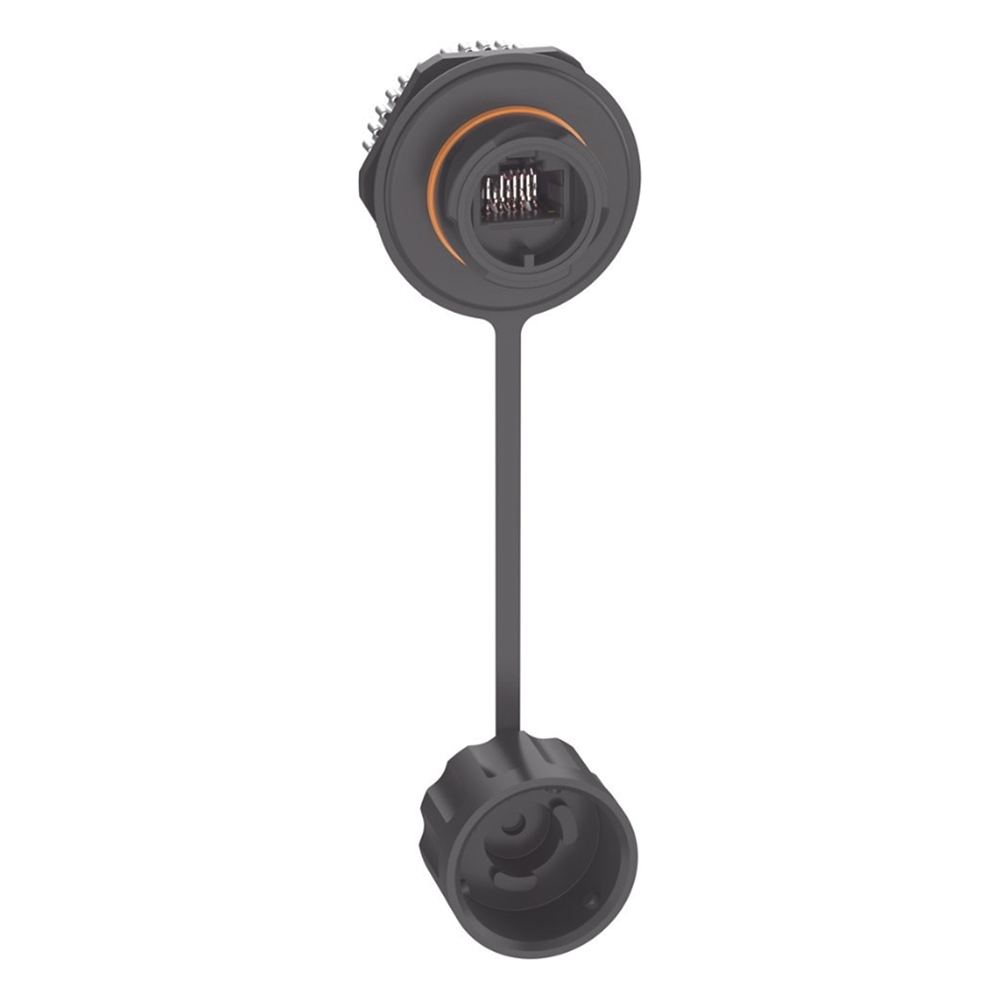 Conector Jack RJ45 de Uso Industrial Estilo TG, Blindado Categoría 6A, Con Tapa Protectora, Protección IP67