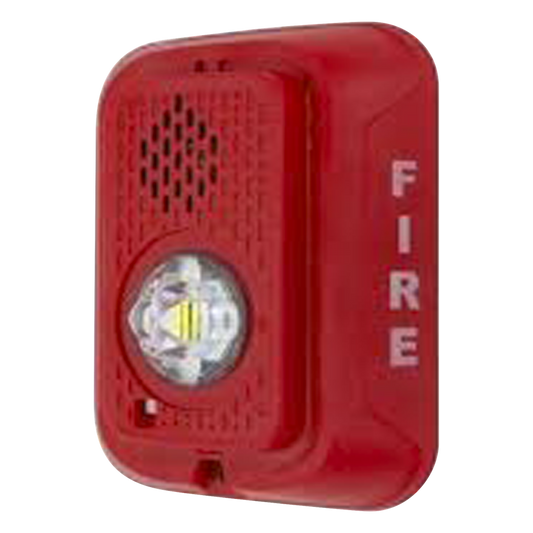 Sirena con estrobo LED de 2 hilos para pared, 24 Vcd, candela seleccionable hasta 185 cd, puntos de prueba DVM, color rojo