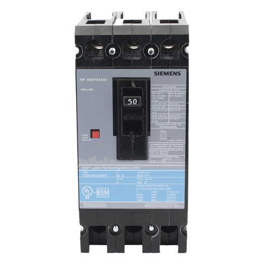 Interruptor Termomagnético ED6 600V 3X50A, Con zapatas principales.