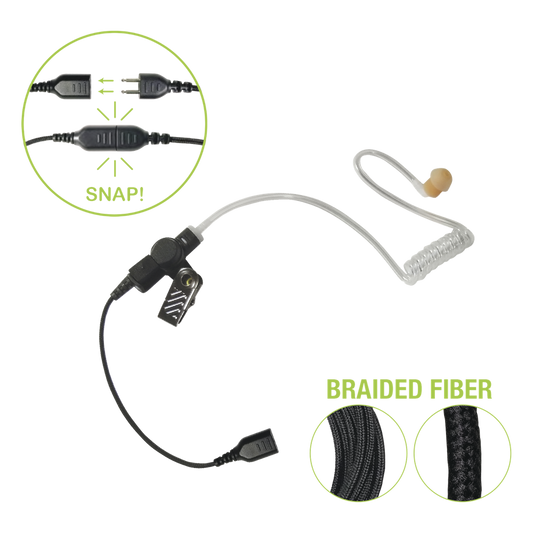 Auricular de tubo acústico transparente con cable de fibra tranzada con conector SNAP tipo MIRAGE. Requiere micrófono de solapa de 1 o 2 hilos de la