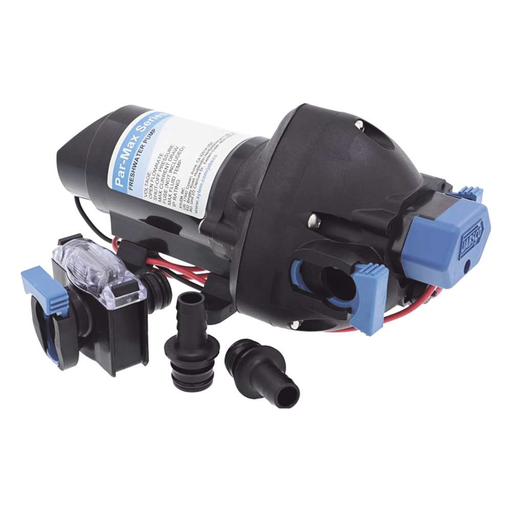 Bomba controlada por presión Par Max a 12 Vcd, caudal de 2 GPM, presión máxima 35 psi, para manguera de entrada con orificio de 38 mm (1½”), manguera