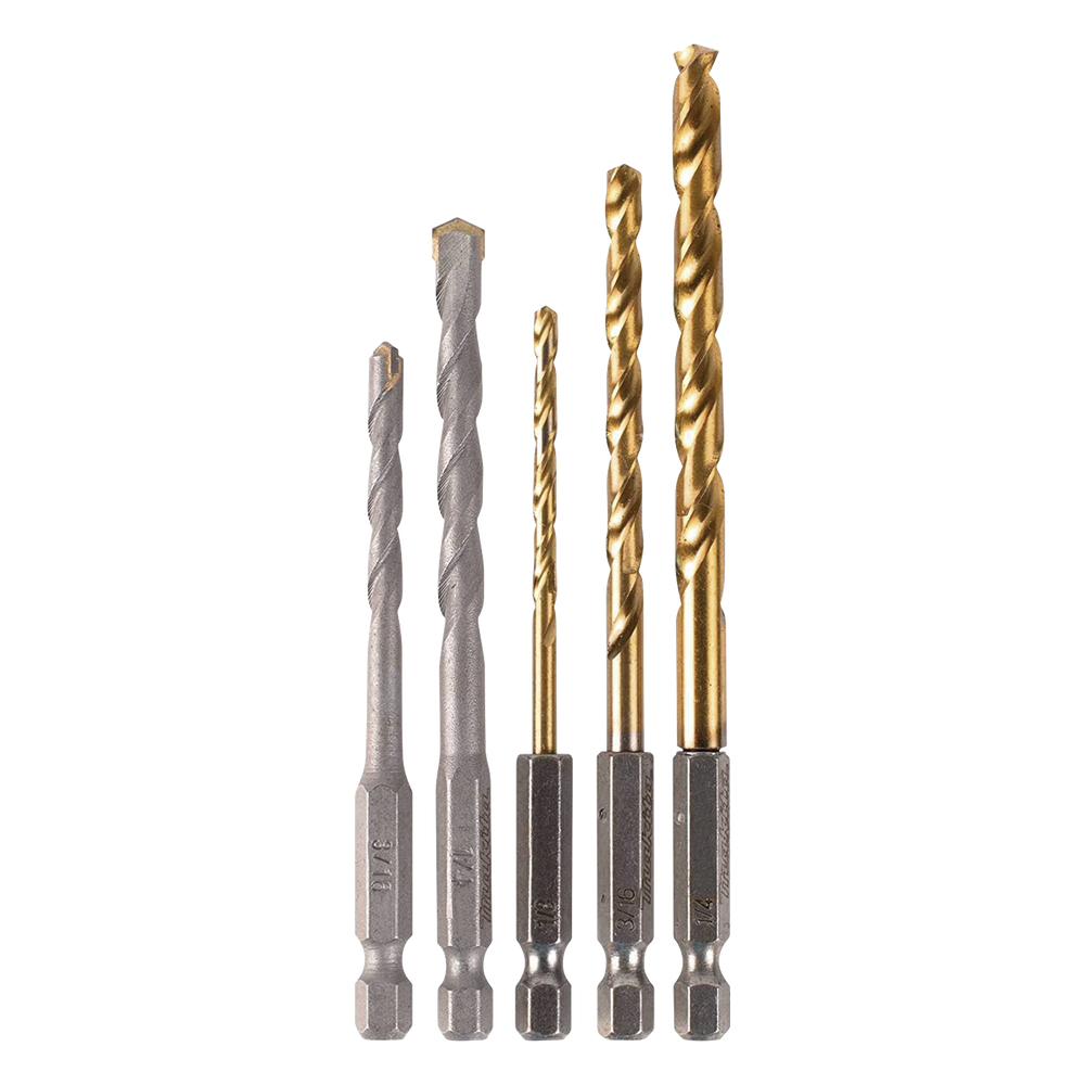 Juego de 5 Brocas con Inserción Hexagonal de 1/4". De concreto: 3/16" y 1/4". Para metal: 1/8", 3/16" y 1/4".
