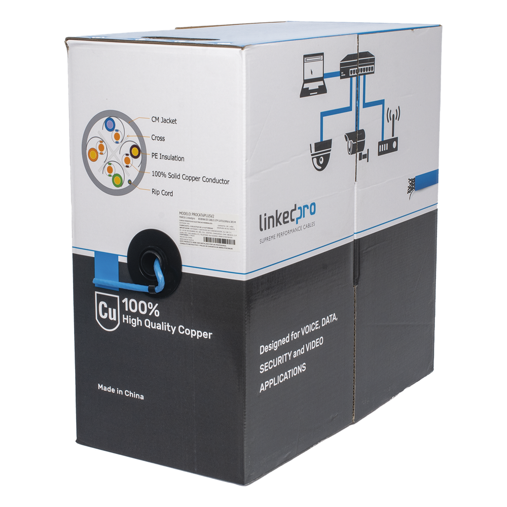 Bobina de Cable de 305 Metros (1000 Pies) Cat6+, CM, Calibre 23 Alto Rendimiento, ETL, UL, Color Azul, Super Flexible, para Aplicaciones de Video