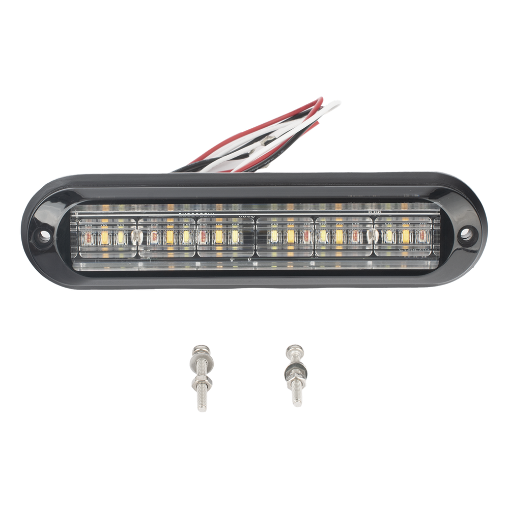 Luz Auxiliar, Ultra Brillante, IP67, 18 LEDs, Tricolor, Color Rojo/Claro/Ambar, con mica transparente y bisel negro