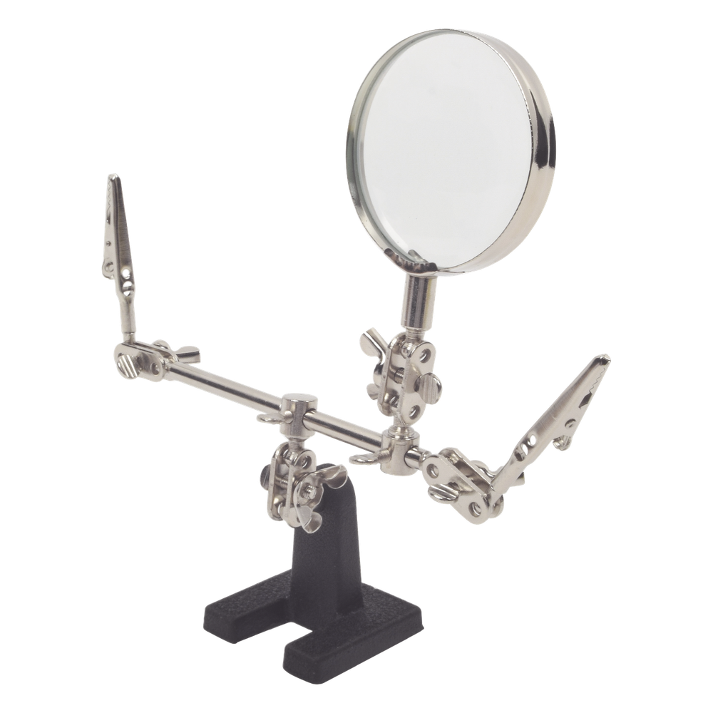 Soporte con lupa y dos brazos con clip. Ideal para trabajos de soldadura.